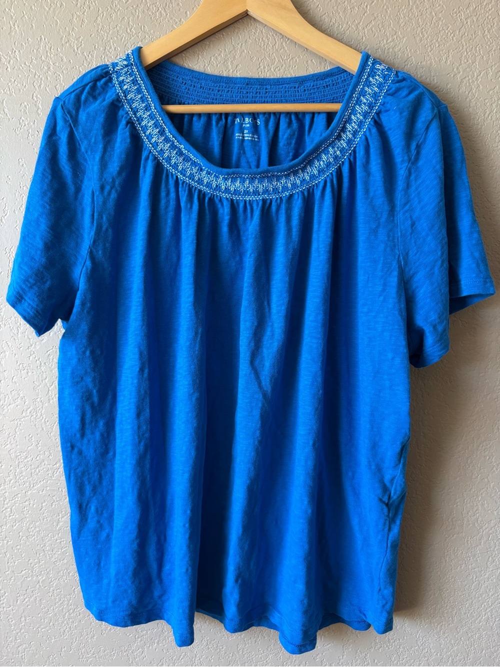 Talbots Blue Short Sleeve Boho Top Size 3X Embroidered Collar 100% Cotton